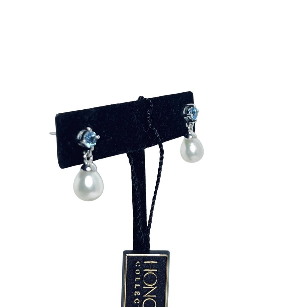 Honora Sterling Silver, Pearls And Blue Topaz Rhinestone Earrings (5977-1-2) - Picture 4 of 9